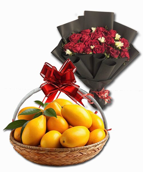 Mango basket with Roses Bunch